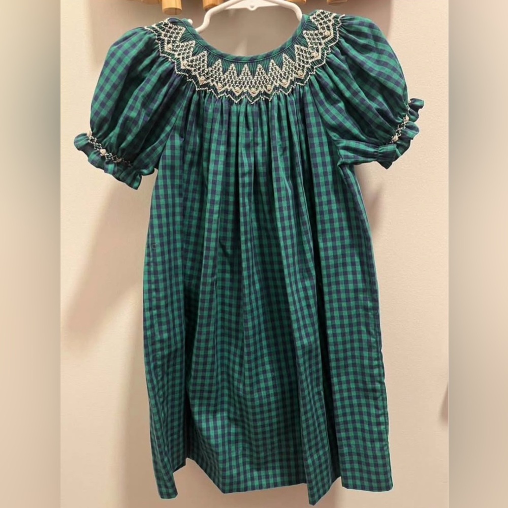 Green & Navy Gingham Smocked Puff Sleeve Dress